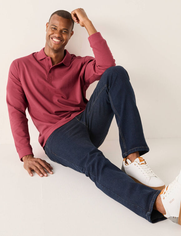 Polo uni maille piqu&eacute;e manches longues (rose fonc&eacute;)