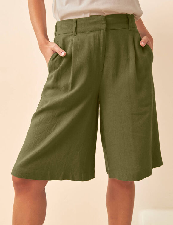 Bermuda coupe large, lin m&eacute;lang&eacute; (kaki)