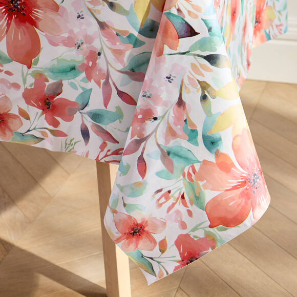 Tafellaken in toile cir&eacute;e met hibiscusbloemenmotief (koraal)