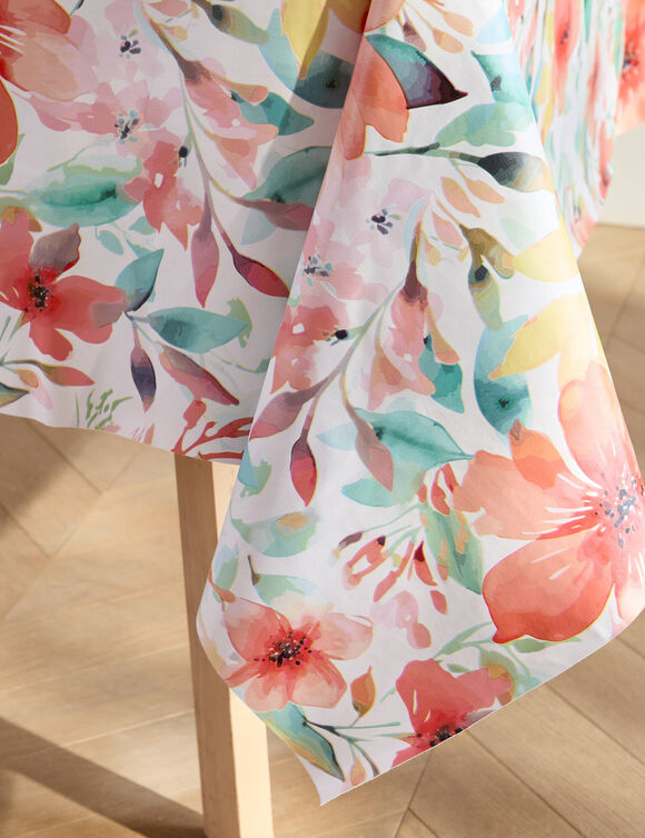 Tafellaken in toile cir&eacute;e met hibiscusbloemenmotief (koraal)