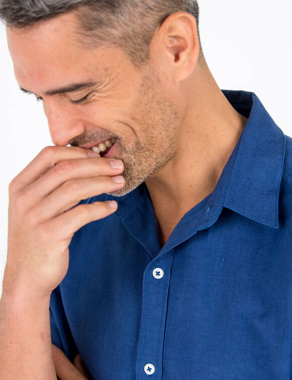 Chemise coton lin manches courtes boutonnée (bleu denim)
