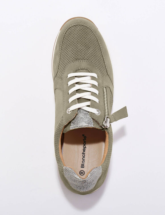 Sneakers met ritssluiting van soepel leer met zool van twee materialen (grijsgroen)