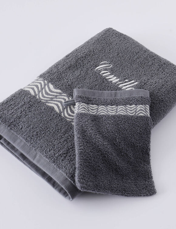 Collectie effen badhanddoeken van 420 g/m&sup2;, met geborduurde sierrand, te personaliseren (antraciet)