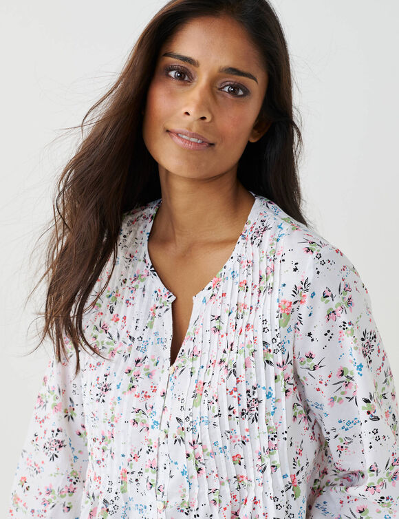 Tunique boutonnée à plis imprimé fleuri (blanc)