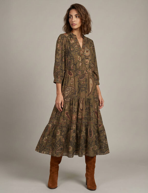 Robe longue taille &eacute;lastiqu&eacute;e, cr&ecirc;pe imprim&eacute; (kaki)