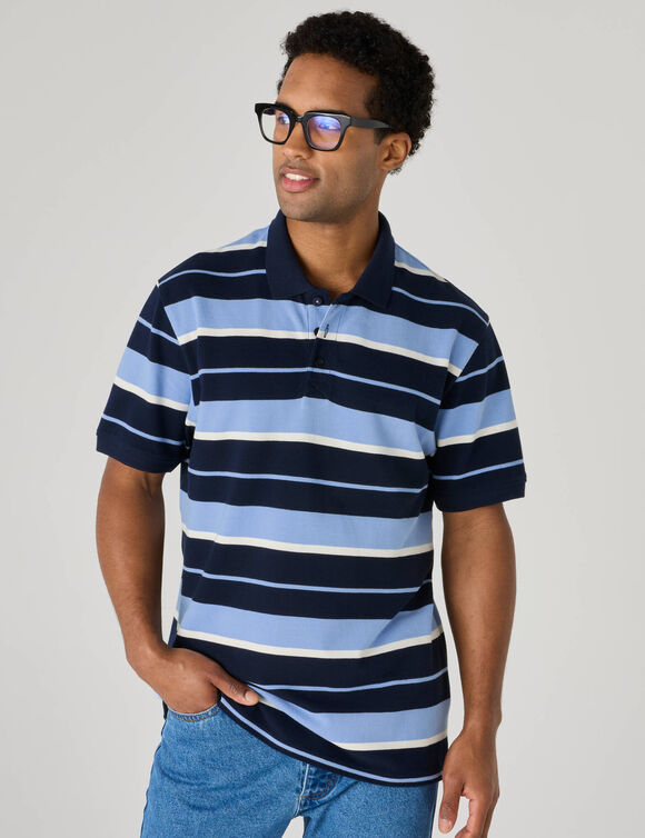 Polo ray&eacute;e maille piqu&eacute;e manches courtes (marine / ciel)