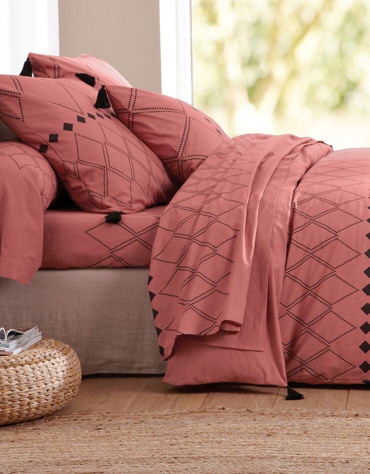 Linge de lit Massai coton à motifs graphiques et finitions pompons (terracotta)