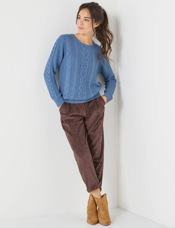 Trui in kabeltricot, ronde hals (jeansblauw)