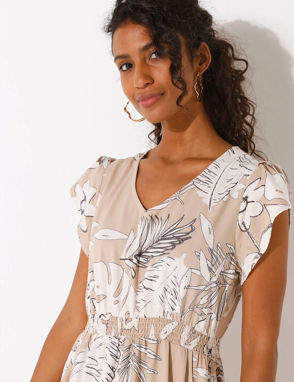 Robe longue macramé, imprimé tropical, taille smockée (beige / écru)