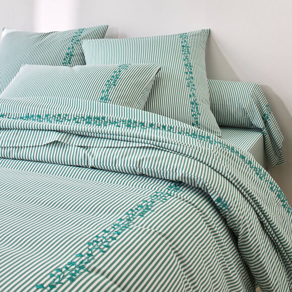 Linge de lit Faustine imprim&eacute; rayures et brod&eacute; - coton 57 fils/cm&sup2; (vert)