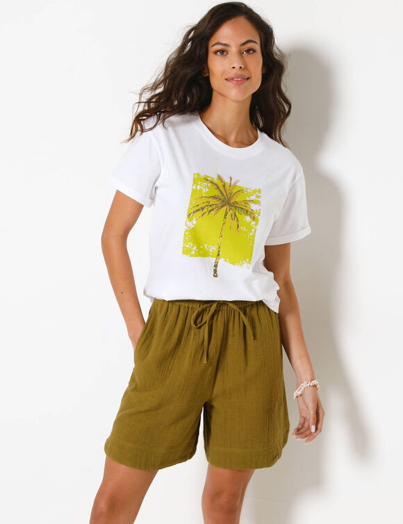 T-shirt col rond imprim&eacute; palmier, volume loose (wit / anijs)