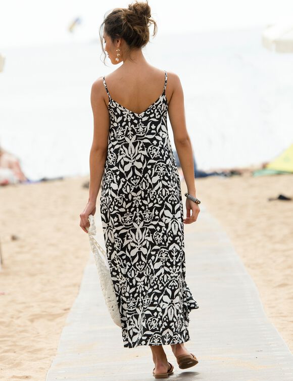 Robe longue imprimée, bretelles réglables (noir / blanc)