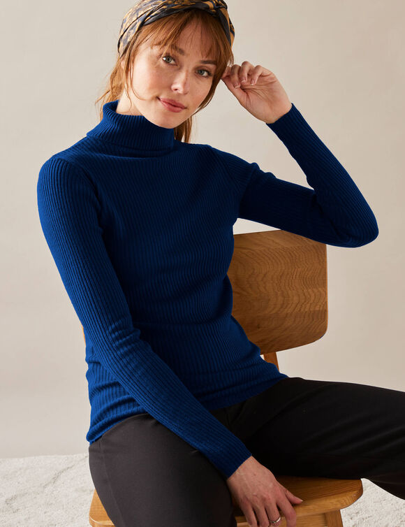 Pull col roulé, maille côtelée (bleu vif)