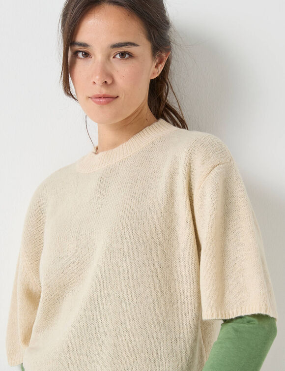 Pull loose manches coudes, laine et mohair mélangés (beige)