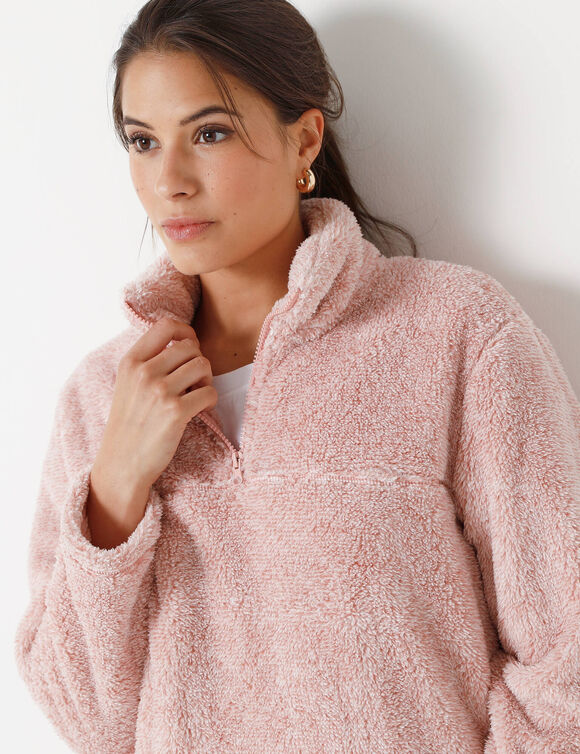 Sweat zippé, maille peluche (rose chiné)