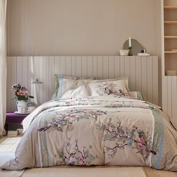 Linge de lit Birdy en coton imprimé oiseaux (sable)