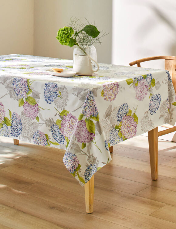 Nappe toile cirée imprimé hortensias (blanc / bleu)