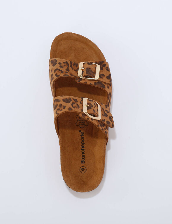 Leren muiltjes met vestelbare gesp en luipaardmotief (bruin / zwart)