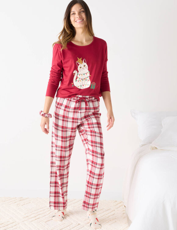 Kerstpyjama met 'kat' motief in katoen-flanel, met scrunchie (rood)