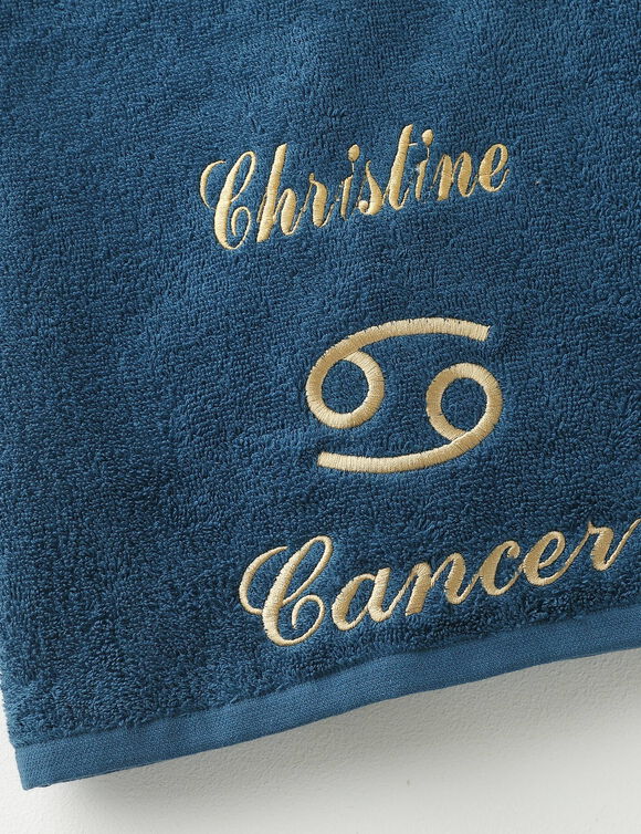 Serviettes de bain brodées Cancer personnalisable - 420g/m2 (bleu paon)