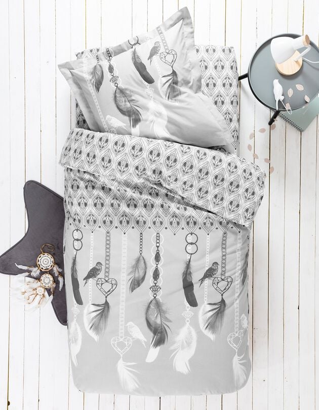 Linge de lit enfant Angèle - coton imprimé plumes, gris, hi-res