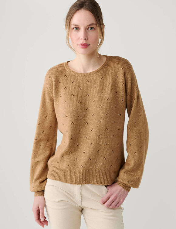 Trui met ronde hals, pointelle-breisel met een zachte touch (taupe)