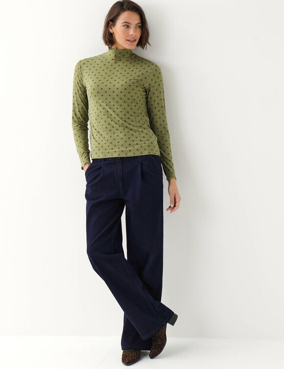 Sous-pull &agrave; col montant frisott&eacute;, imprim&eacute; pois (kaki)