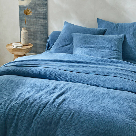 Linge de lit uni en triple gaze de coton (bleu)
