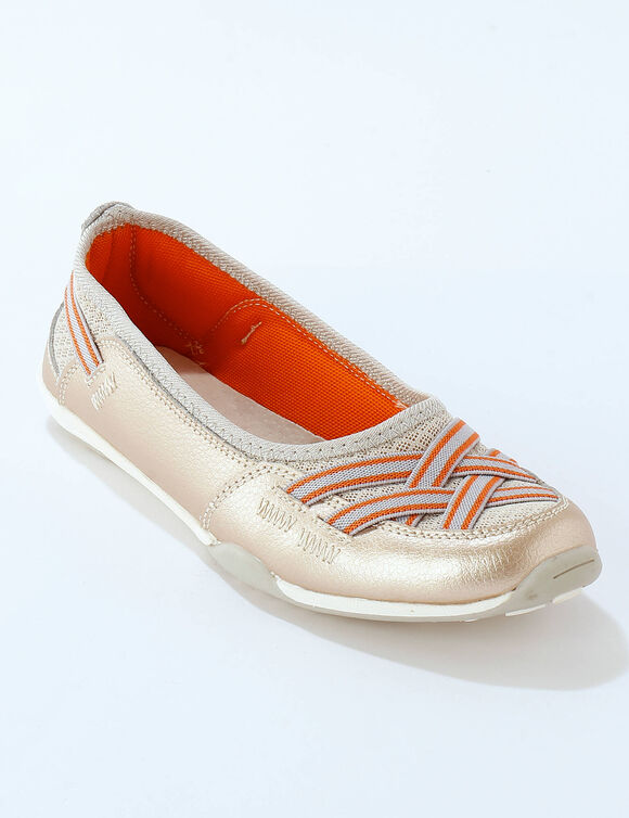 Soepele ballerina's van leer en luchtig textiel met elastische bandjes (goudkleurig)