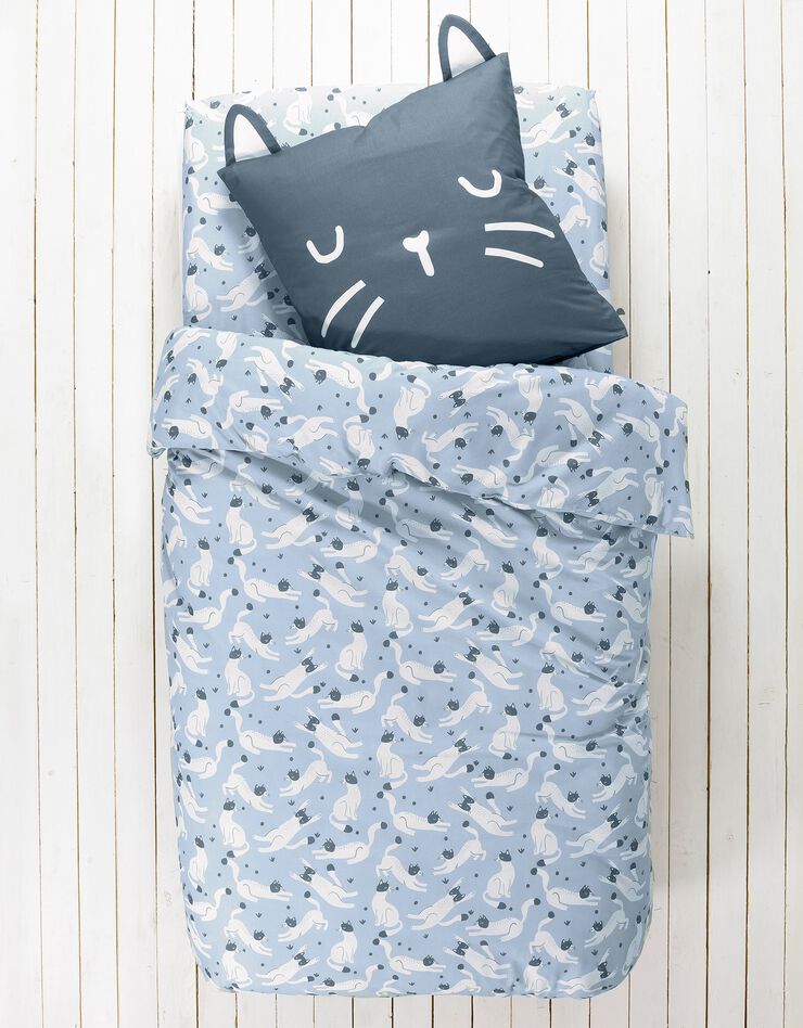 Linge de lit enfant imprimé chats Miaou 1 personne - coton biologique (bleu)