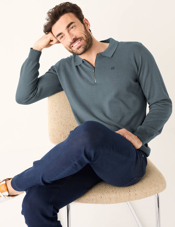 Pull fin col polo zippé broderie poitrine (bleu acier)
