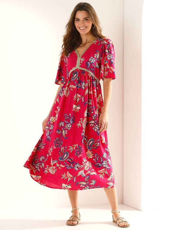 Robe longue imprim&eacute;e, d&eacute;tails sequins (rose indien)