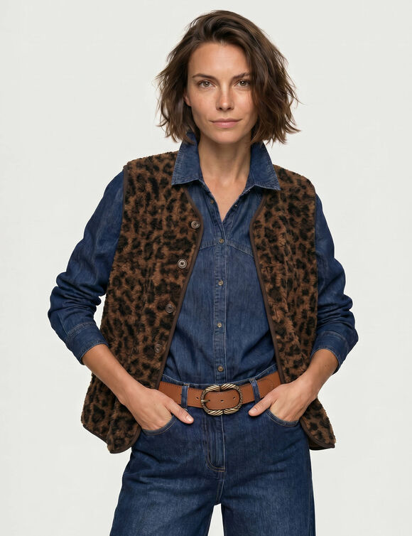 Veste sans manches imprim&eacute; l&eacute;opard, maille bouclette (beige / chocolat)