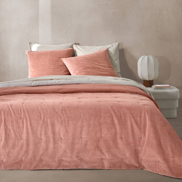 Omkeerbaar, gewatteerd bedsprei van twee materialen &ndash; fluweel 100 g/m&sup2; en gewassen katoen 57 draden/cm&sup2; (blushroze)