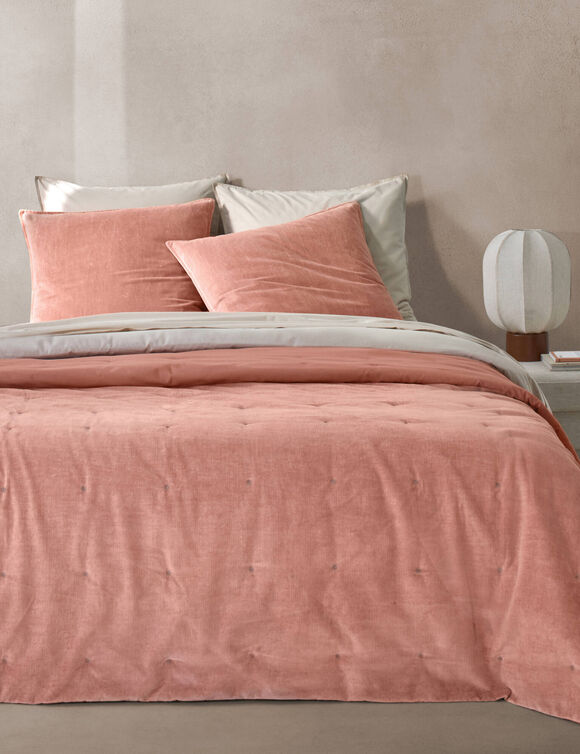 Couvre-lit capitonn&eacute; r&eacute;versible bi-mati&egrave;re - velours 100g/m&sup2; et coton lav&eacute; 57 fils/cm&sup2; (rose blush)