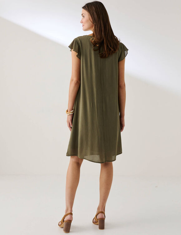 Effen jurk in crepon met macram&eacute; (kaki)