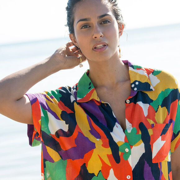 Bedrukte strandjurk, crepon (veelkleurig)