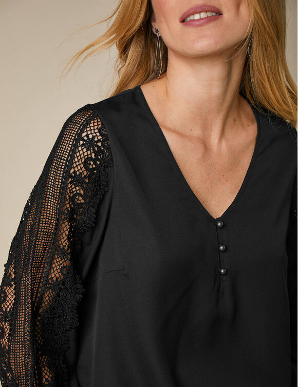 Blouse macramé col V manches longues, crêpe fluide (noir)