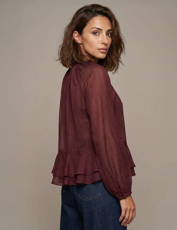 Blouse volant&eacute;e, manches longues blousantes, voile (bordeaux)