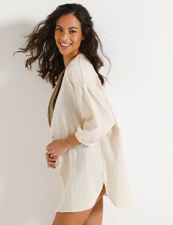 Tunique boutonn&eacute;e manches 3/4, en gaze de coton gaufr&eacute;e (ecru)