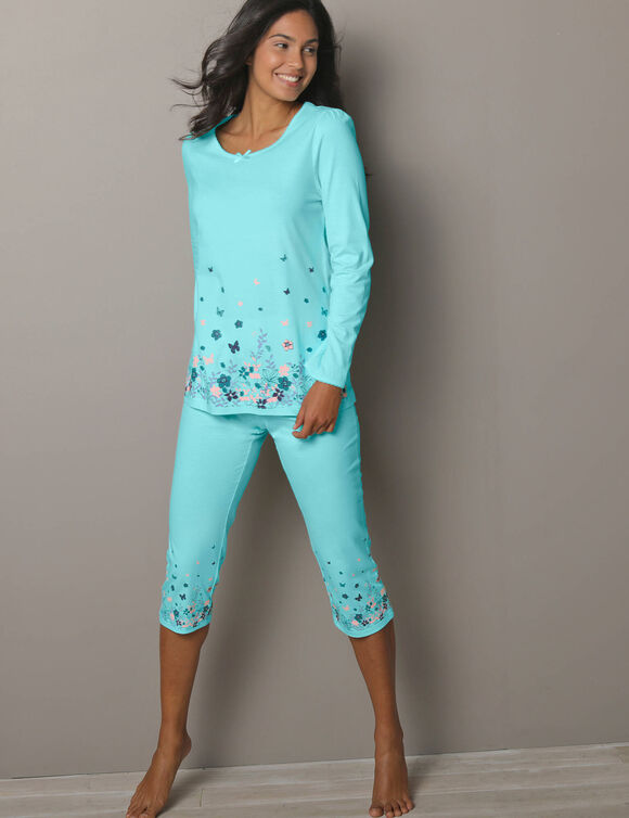 Pantacourt base imprimée bucolique - coton jersey (aqua)