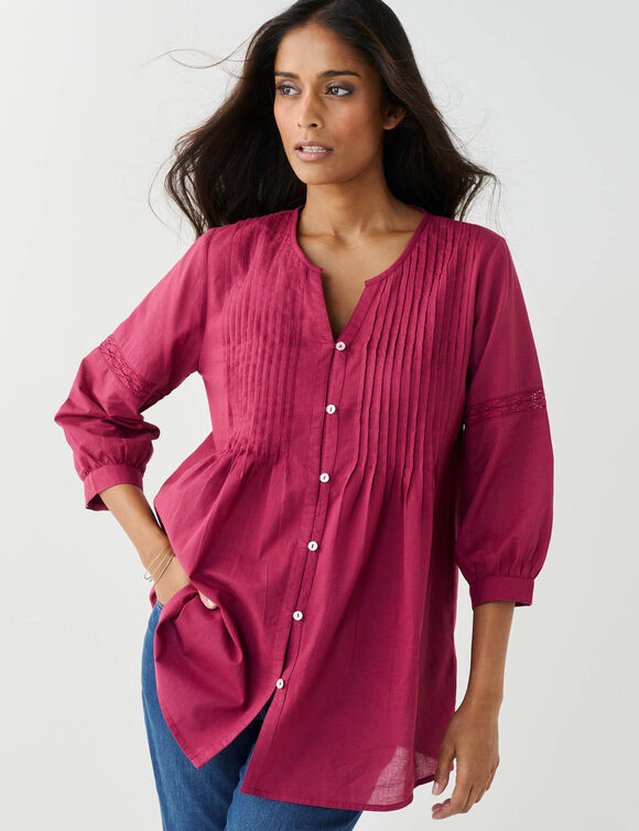 Tunique boutonn&eacute;e &agrave; plis, uni macram&eacute;  (prune)
