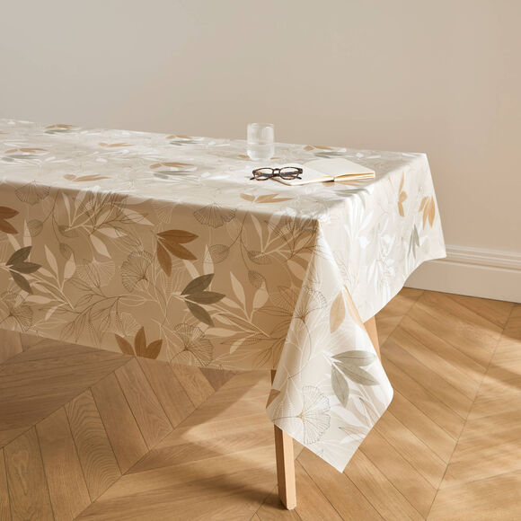 Tafelzeil van gewaxte stof met ginkgo-print (beige)