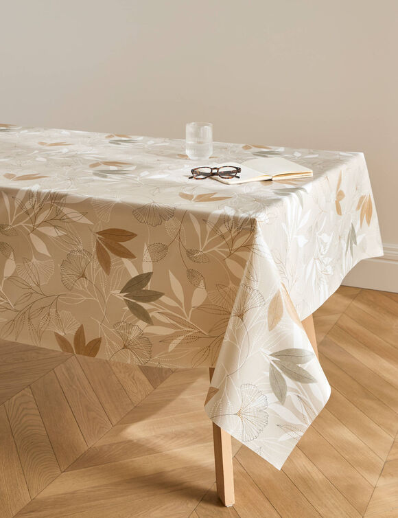 Nappe toile cir&eacute;e imprim&eacute; gingko (beige)