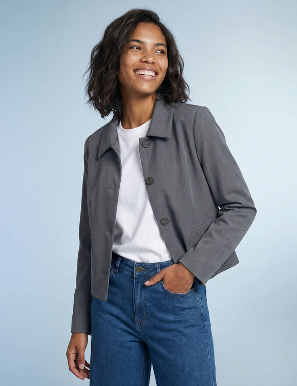 Veste blazer courte unie, Sp&eacute;cial Petites (gris)