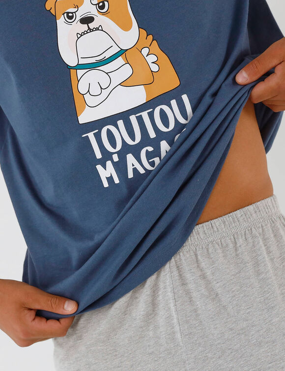 Shortama met letter- en puppymotief, korte mouwen (marine / chin&eacute; grijs)