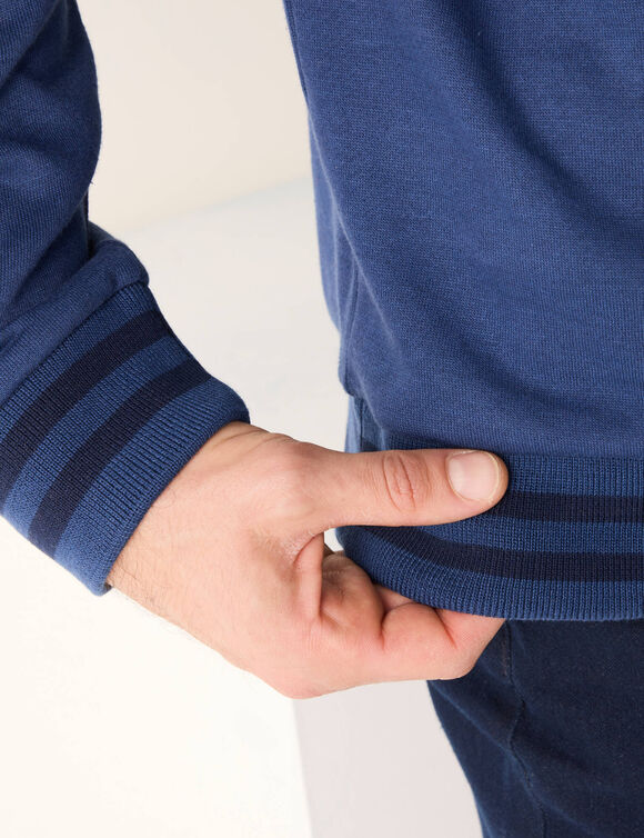 Sweat col rond molleton gratté détails rayés contrastés (bleu denim)