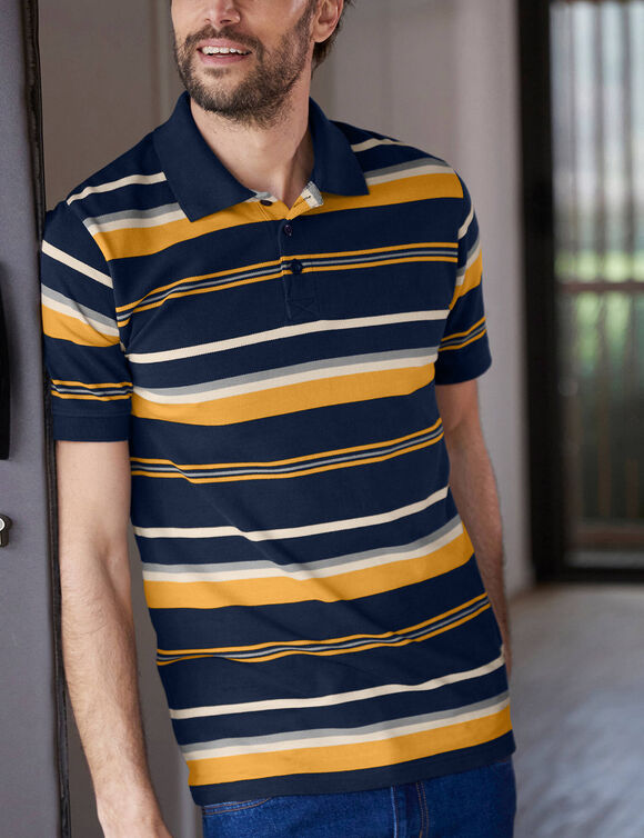 Polo maille piquée rayée, manches courtes (marine / miel)