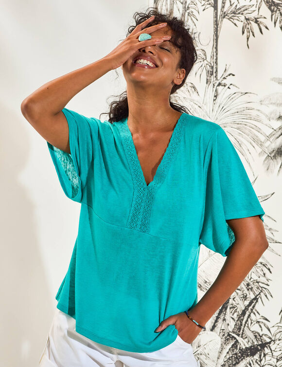 Tunique col macramé manches courtes (turquoise)