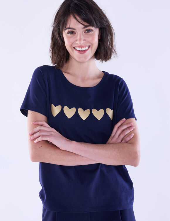 T-shirt met korte mouwen, goudkleurige hartjesprint (marine)